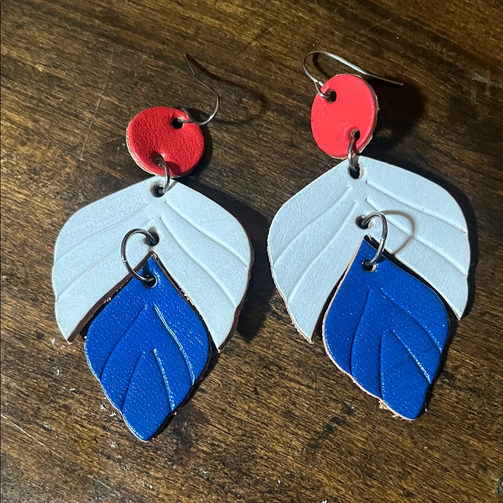 Red, White, And Blue Leaf Handmade Hand Cut Leather Earrings